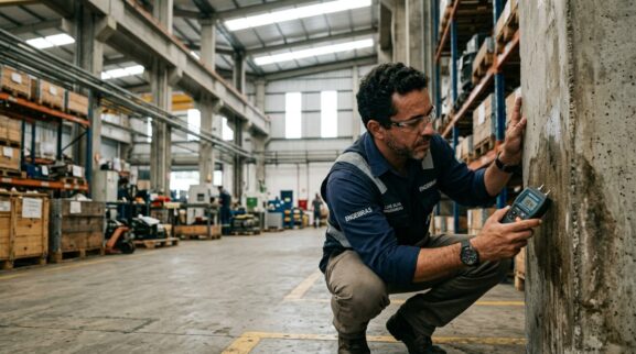 Engenheiro inspeciona estrutura de galpão para elaborar relatório técnico de due diligence no EngNear