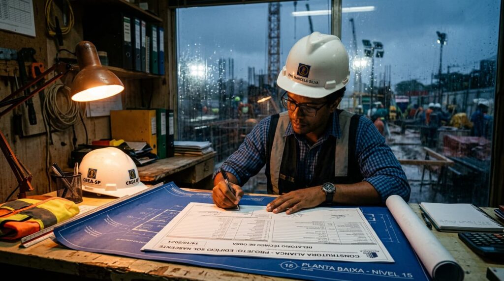 Engenheiro assina documento técnico de projeto com plantas sobre a mesa, representando responsabilidade real no EngNear.