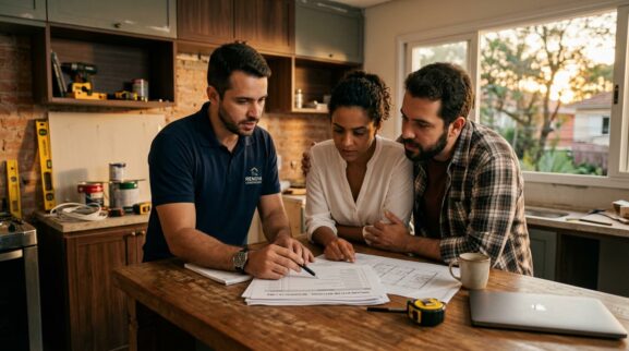Engenheiro apresenta orçamento de reforma a casal em cozinha durante consultoria de custos no EngNear.